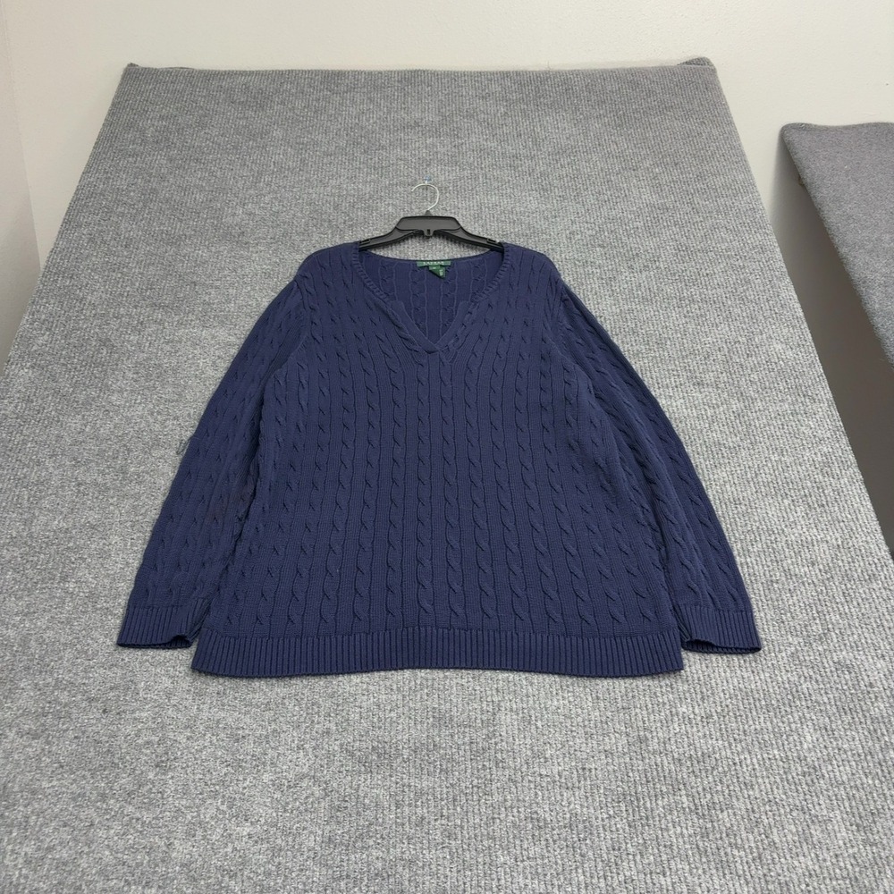 Lauren Ralph Lauren Sweater Womens 2X Blue Cotton Viscose Cable Knit Classic